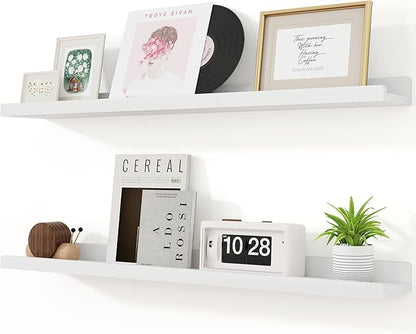 Floating Shelves for Wall, 36 inch Solid Wood Picture Ledge Shelf for Wall Storage, Nursery Book Shelves with Lip for Living Room Bathroom Bedroom Kitchen, Set of 2, Washed White