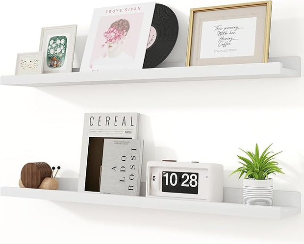 Floating Shelves for Wall, 36 inch Solid Wood Picture Ledge Shelf for Wall Storage, Nursery Book Shelves with Lip for Living Room Bathroom Bedroom Kitchen, Set of 2, Washed White