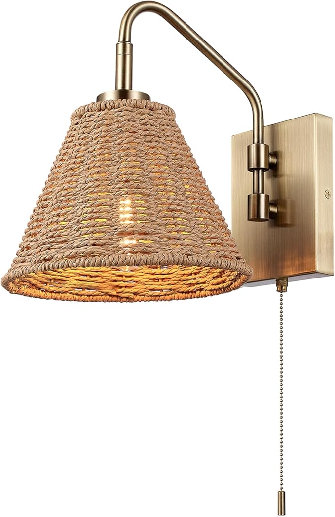 Globe Electric x Novogratz 65000052 1-Light Wall Sconce, Matte Brass Finish, Rattan Shade, On/Off Pull Chain Switch, Home and Office Decor, Modern Lighting for Living Room, Bohemian