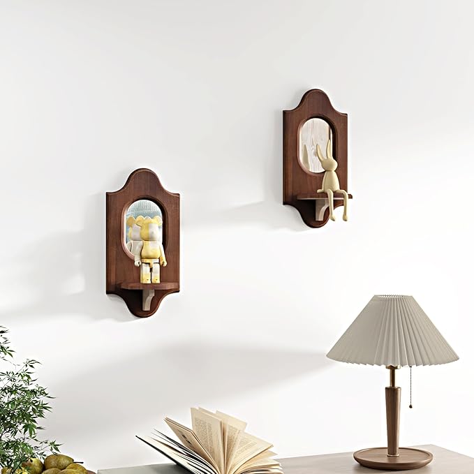 Wooden Arched Floating Shelf - Boho Decor Wall-Mouted Shelves with Mirror Book Display for Bedroom Living Room Bathroom Nursery Home Office 14.5" x 11.6"