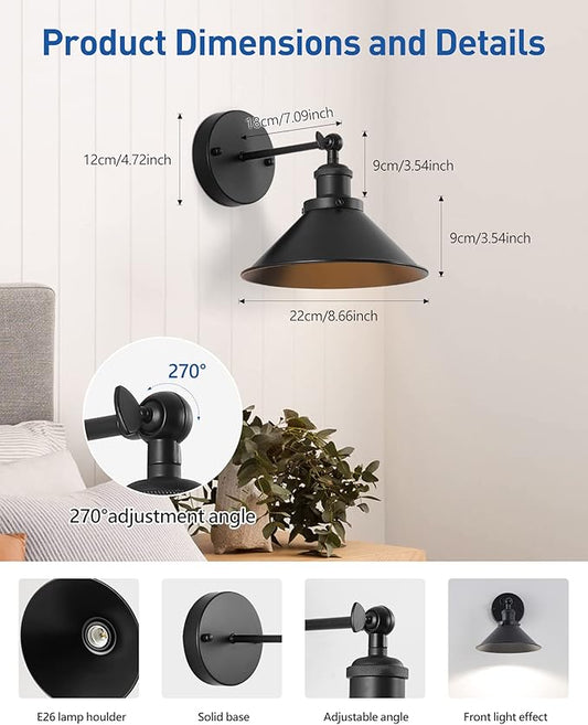 Black Vintage Wireless Battery Operated Wall Sconces, Industrial Cordless Battery Powered Led Wall Lights Set of 2, Wall Lamp Fixture Indoor with Remote Control for Bedroom Farmhouse Gallery