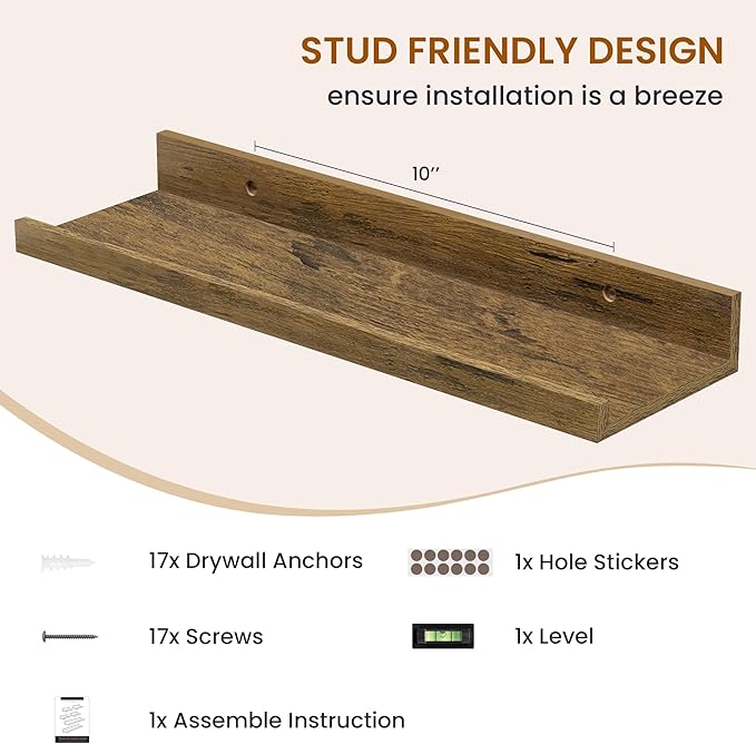 Axeman Picture Ledge Shelf, Floating Shelves for Storage Set of 6, 16 inch Floating Wall Mounted Shelves, Wall Shelves with Lip for Living Room, Bedroom, Nursery, Bathroom, Kitchen, Rustic Brown