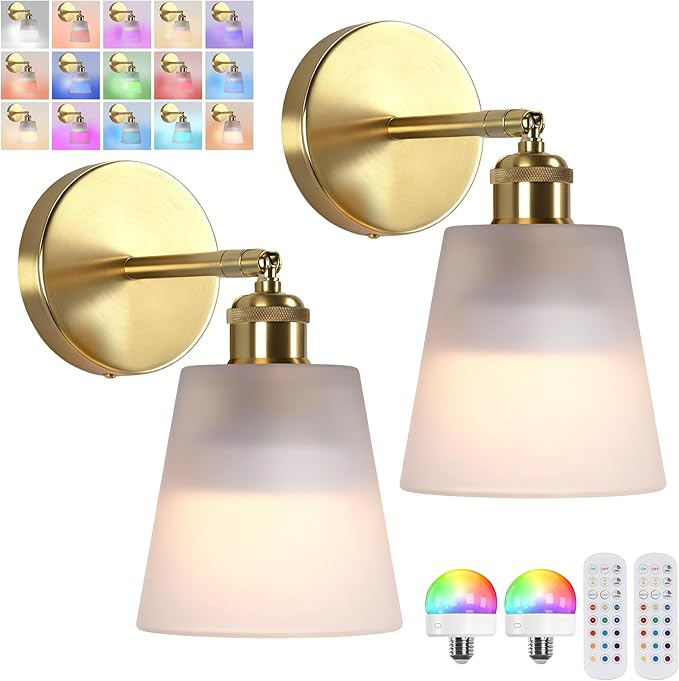 Vintage Battery Operated Wall Sconce with Milky Minimalist Glass Lampshade Rechargeable Battery Powered Wall Light with Remote Control for Bedside Bedroom Bathroom, Set of 2