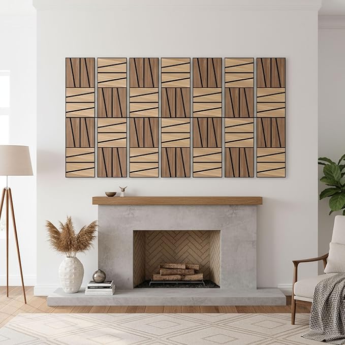 WoveN SounD Artisan Acoustic Wall Panels, 16 Pack 12x12 Inch, Wood Veneer Carved Sound Proof Wall Decor, Self-Adhesive for Home, Studio, Office & Focus Zones, Cut Prism, Teak