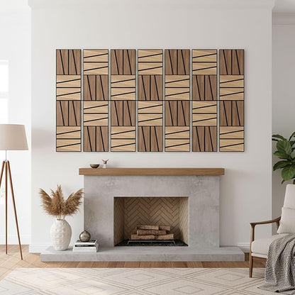 WoveN SounD Artisan Acoustic Wall Panels, 16 Pack 12x12 Inch, Wood Veneer Carved Sound Proof Wall Decor, Self-Adhesive for Home, Studio, Office & Focus Zones, Cut Prism, Teak