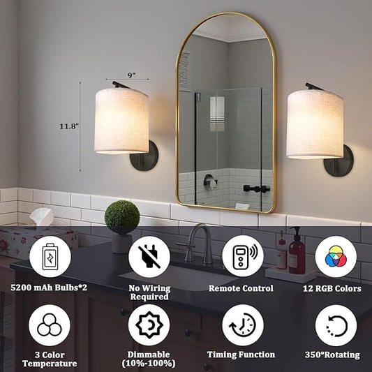 Rechargeable Battery Operated Wall Sconces Set of 2, Wireless Wall Lights with Remote Control 12 RGB Colors Magnetic Bulbs 5200mAh Battery Wireless Sconces for Bedroom Living Room (Black)