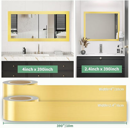 Peel and Stick Wallpaper Borders 390” x 2.36” Self Adhesive Mirror Frame Border Brushed DIY for Kitchen Bathroom Mirror Removal Border Sticker Wall Decor Cover 6.4 Sq.Ft, Brushed Golden