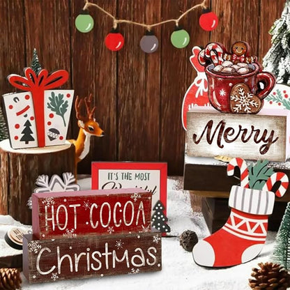 DIYDEC 4Pcs Christmas Wooden Tabletop Decoration Hot Cocoa Wooden Block Signs Gift Rustic Xmas Tiered Tray Decor Merry Christmas Centerpiece Sign Farmhouse Winter Table Home Party Decor