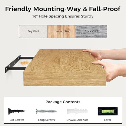 12 Inch Deep Floating Shelves, 24 x 12 Floating Shelf for Books, Rustic Wood Deep Wall Shelves for Home Storage & Display, 2" Thicked Shelves for Kitchen, Living Room, Bedroom, Oak Color, 2 Pack