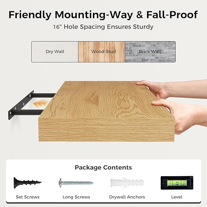 12 Inch Deep Floating Shelves, 24 x 12 Floating Shelf for Books, Rustic Wood Deep Wall Shelves for Home Storage & Display, 2