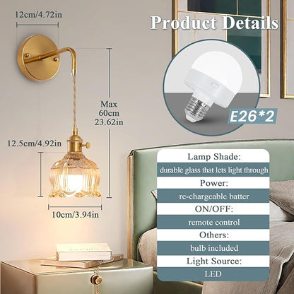 Vintage Battery Operated Wall Sconce Set of 2, Amber Glass Lampshade Wireless Rechargeable Battery Powered Wall Light, RGB Wall Sconce Fixtures for Bedroom, Living Room
