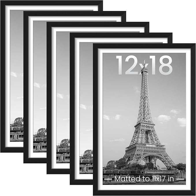 upsimples 12x18 Picture Frame Set of 5, Display Pictures 11x17 with Mat or 12 x 18 Without, Wall Gallery Poster Frames, Black