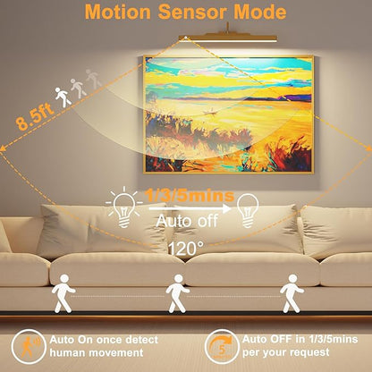 Battery Operated Gallery Lights for Wall Brass– Motion Sensor Picture Light, 5000mAh Wireless and Dimmable 3CCT Art Light Over Frame, Paintings, Photos, Mirrors (2Pack)