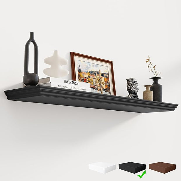 Fun Memories Floating Shelves 40 Inch Long, 9.3 Inch Deep Classic Crown Molding Floating Shelves for Wall, Rustic Wooden Shelves for Wall Decor Bathroom, Kitchen, Office, (Black, 1Pack)