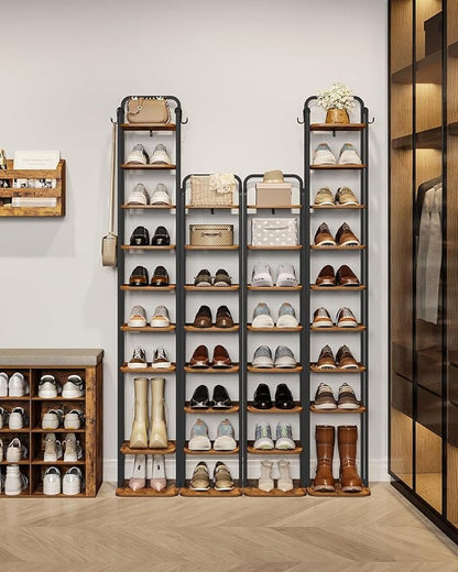 10 Tiers Vertical Shoe Rack, Narrow Shoe Tower, Tall Shoes Shelf with 2 Hooks, Adjustable Shelves, Corner Shoes Shelves for Small Spaces, Entryway, Living Room, Rustic Brown SR11201B