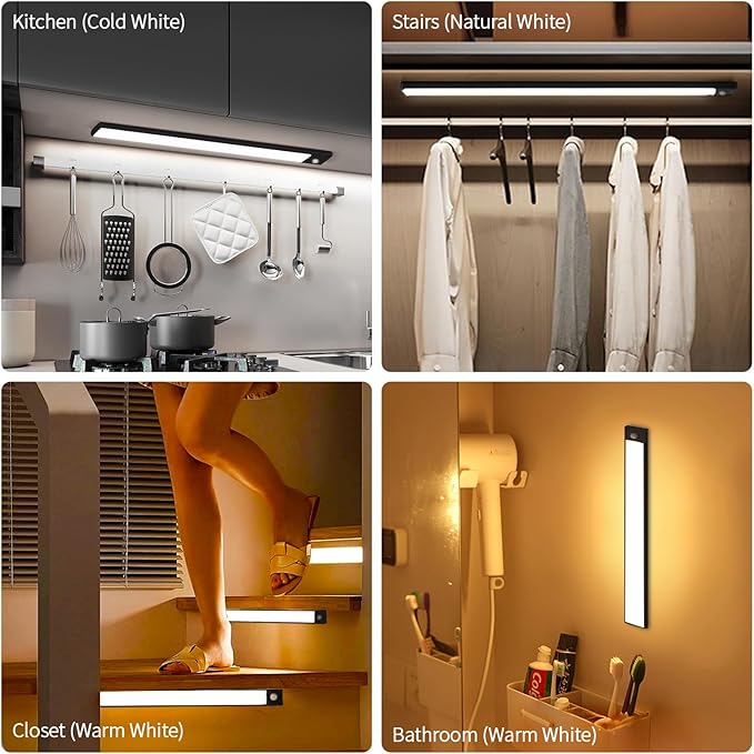 Under Cabinet Lighting, Motion Sensor 54 LED Under Cabinet Lights, 2Pack Rechargeable, 12inch 3 Colors Dimmable Closet Lights Under Counter Lights for for Kitchen, Shelf, Stair, Hallway(Black)