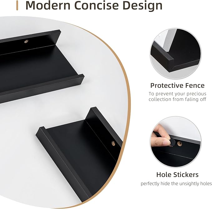 Picture Ledge Shelf, Wood Long Floating Shelves for Wall, Set of 2, 48 inch Picture Ledge Shelves, Photo Ledge Nursery Book Shelves Wall Mounted for Living Room Kids' Room Bedroom, Color Black