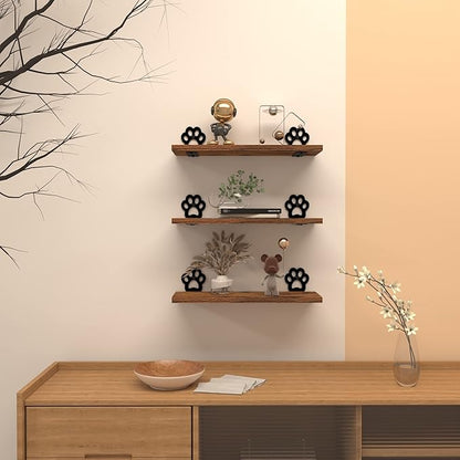 Lavezee Paw Prints Wall Decor Floating Shelves Set of 3, Cute Rustic Wooden Shelf Decorative Living Room, Bedroom, Bathroom, Log Cabin Shelving Wall Mounted