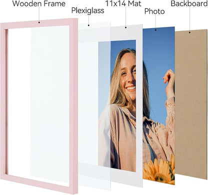 Vittanly 12x16 Picture Frames Set of 4, Display Pictures 11x14 with Mat or 12x16 without Mat, Gallery Frame for Wall Display, Engineered Wood with Shatter Resistant Plexiglass, Pale Pink
