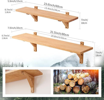 Floating Shelves Oak 24 inches Natural Wood Wall Shelf Wall Mounted Rustic Floating Shelf with Brackets for Bedroom Living Room Bathroom Kitchen Office Wall Storage Shelf