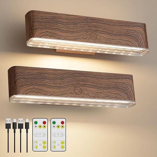 MOITA Magnetic Wireless Battery Operated Wall Sconce, Rechargeable Remote Control & Touch Control Wall Sconces Set of Two, 3-Color Temperatures LED Wall Lights, 360° Rotatable (Walnut, 2-Pack)