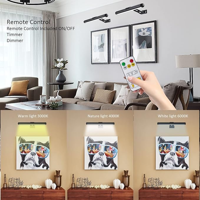 Rechargeable Picture Light Battery Operated, Wireless Painting Light with Remote Control,Metal Art Light Dimmable Display Lamp,3 Modes with Timer for Dartboard Frame Picture Gallery