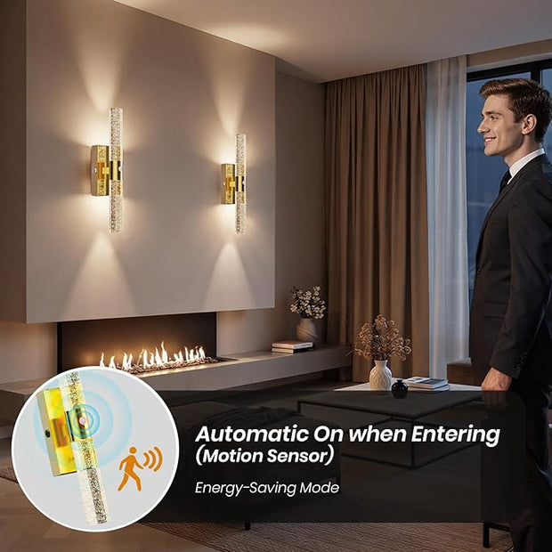 Motion Sensor Wall Sconces Battery Operated, Rechargeable Wall Sconce, 3CCT Battery Wall Sconce, 12000mAh Dimmable with Remote for Bedroom, Living room, Hallway Decor (15.3 inch – Gold - 1 Pack)