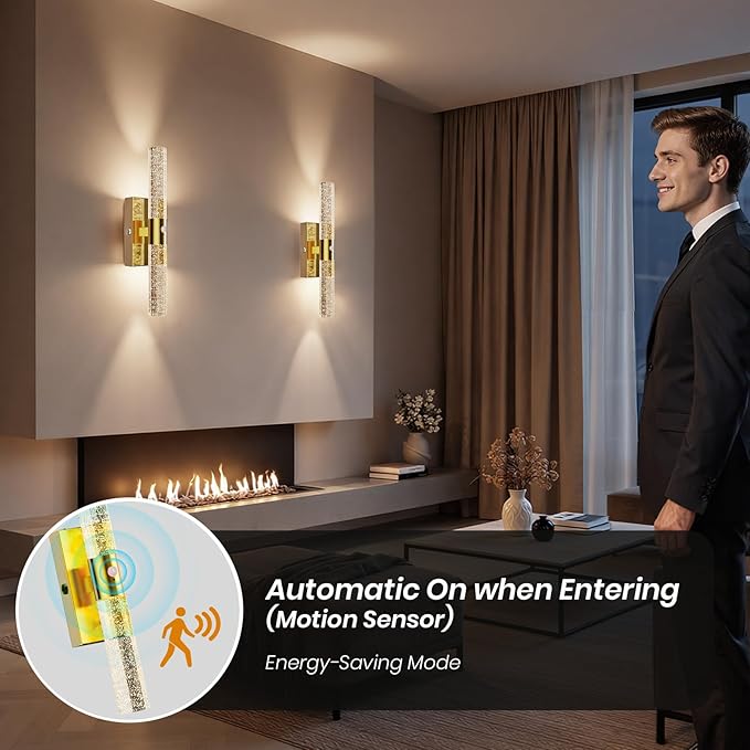 Motion Sensor Wall Sconces Battery Operated Set of 2, Rechargeable Wall Sconce, 3CCT Battery Wall Sconce, 12000mAh Dimmable with Remote for Bedroom, Living room, Hallway (15.3 inch - Gold - 2 Pack)