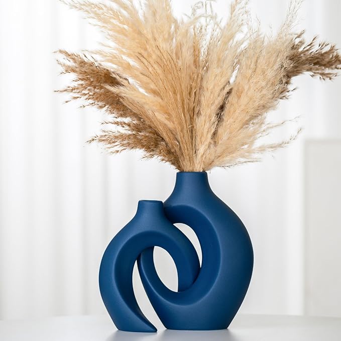 Snuggle Hollow Ceramic Vase Set of 2, Nordic Modern Boho ins Style Ceramic Aesthetic Flower Vases for Home Decor Living Room Coffee Table Decorative (Matte Navy Blue W 6.3