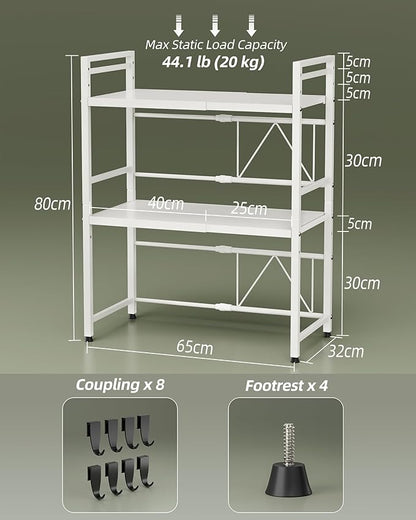 NETEL Expandable Microwave Stand,3 Tier Metal Kitchen Countertop Organizer Shelves with 8 Hooks,Bakers Rack,Microwave Shelf,Microwave Oven Rack,55lbs Weight Capacity