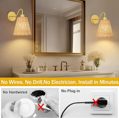 Rattan Rechargeable Battery Operated Wall Sconces Set of 2, Wireless Battery Operated Wall Lights with Remote, 12 Color LED Dimmable 5000mAh Boho Lighting for Bedroom Living Room Hallway