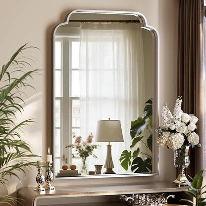 GLSLAND 30"x48" Petal Arch Bathroom Mirror – Modern Metal Frame Vanity Mirror with Scalloped Edge for Over Sink, Bedroom, Living Room, Entryway, Non-Rusting Decorative Wall Mirror, Silver