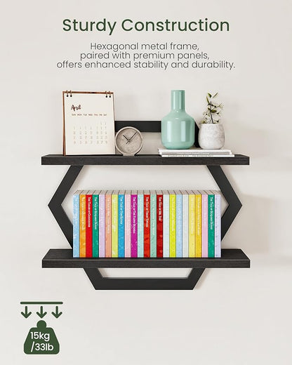 Hexagon Floating Shelves for Wall, Set of 2, 2 -Tier Hanging Shelves, Wall Mounted Storage Shelves, for Living Room, Bedroom, Kitchen, Home Office, Study, Black TBJ06P2BB