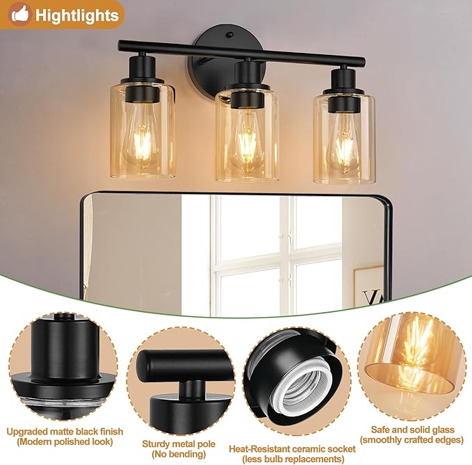 3-Light Bathroom Light Fixtures, Black Modern Vanity Lights with Amber Glass Shades, Bathroom Wall Lamp for Mirror Kitchen Living Room Hallway Cabinet Porch