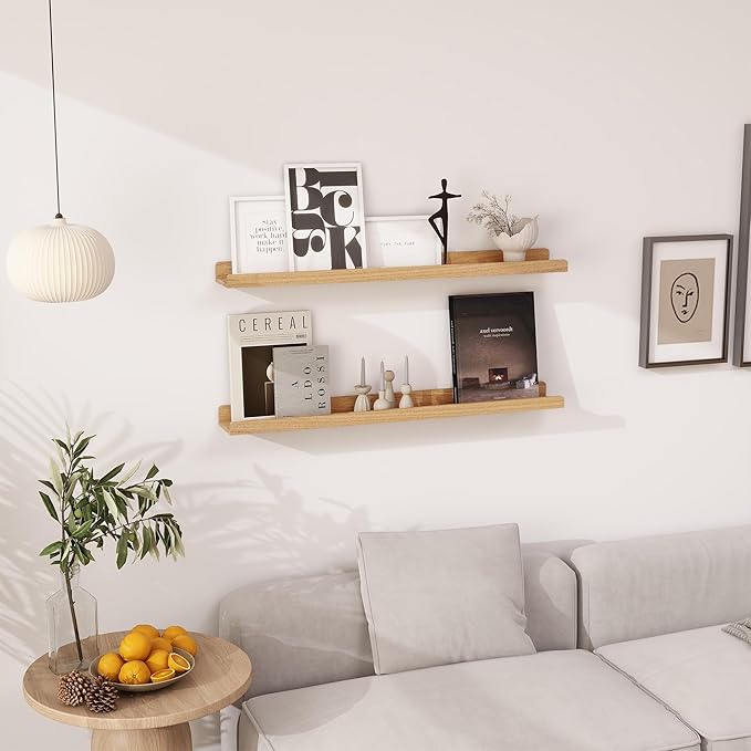 Floating Shelves for Wall 36 Inch - Natural Wood Picture Ledge Shelf Set of 2 - Solid Ash Wood Wall Shelves with Lip - Picture Shelf Photo Ledge