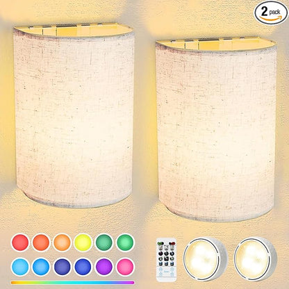 Battery Operated Wall Sconces Set of Two, 18 RGB Colors Stick on Wall Lights with Remote, Changeable Dimmable Height Fabric Battery Powered Wall Lights for Bedroom Living Room Hallway