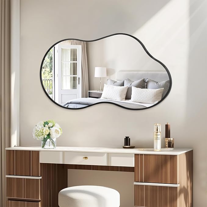 JJUUYOU Irregular Wall Mirror Black Metal Framed Decorative Asymmetrical Bathroom Mirrors Large 22