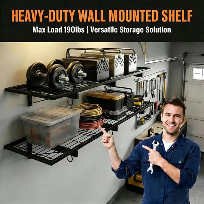 Garage Wall Shelving, 46" × 12" Wall Mounted Floating Shelf, Heavy Duty Shelves 190 LBS Load Capacity, Black Storage Rack for Shop, Shed, Closet, Basement, Laundry Room