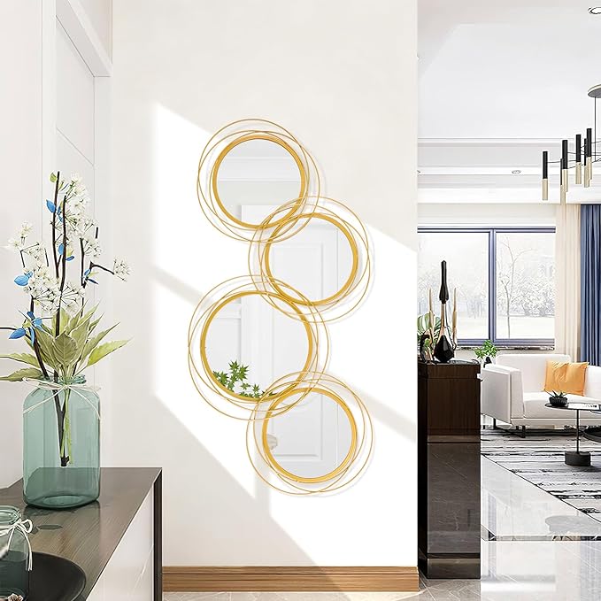 Golden Circle Mirror Set, 4 PCS Wall Metal Framed Round Mirror Modern Glass Decorative Mirrors 20x40 Inch for Living Room Bedroom Bathroom Entryway Home Decor