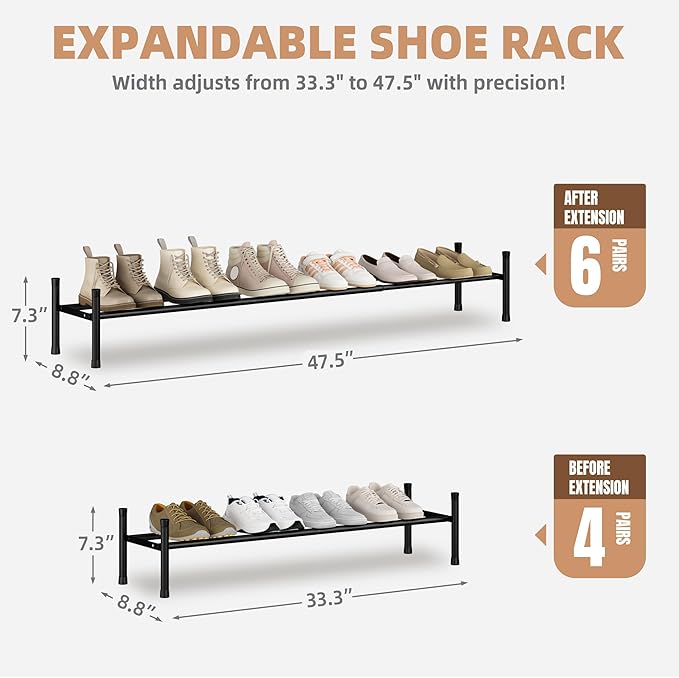 STORAGE MANIAC Long Expandable Shoe Rack, 6 Pairs Metal Wide Stackable Shoe Rack, Adjustable Shoes Shelf, Freestanding Shoes Organizer for Closet, Entryway, Hallway, Garage, Front Door, 1 Tier
