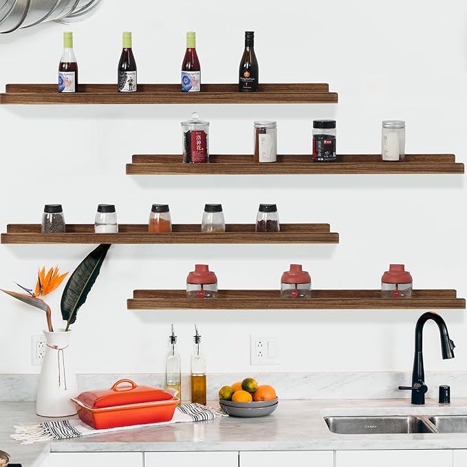 PHOENANCEE Long Floating Shelves 36 Inches Set of 4,Wood Picture Shelf for Wall with Ledge,Photo Frames Display Rustic for Living Room Bedroom Kids Nursery,Home Decor(Carbonized Black,36