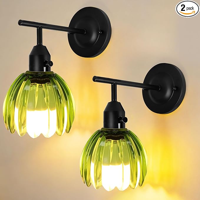 Vintage Wall Sconces Set of 2 with Green Tulip Glass Lampshade, Hardwired and Wireless Wall Mounted Light Fixtures (2 Usage Methods), Black Lamp with Switch for Bedside Bedroom Living Room Wall Decor