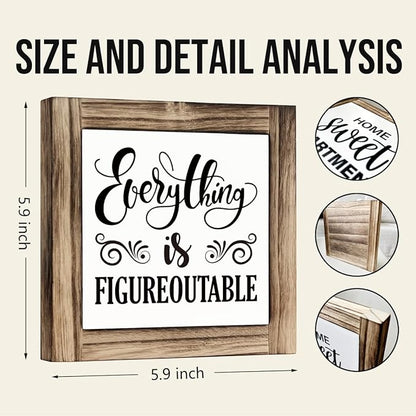 Office Sign - Everything is Figureoutable Box Wood Desk Decor, Inspirational Farmhouse Home Office Accessory, 5.9 * 5.9 inches