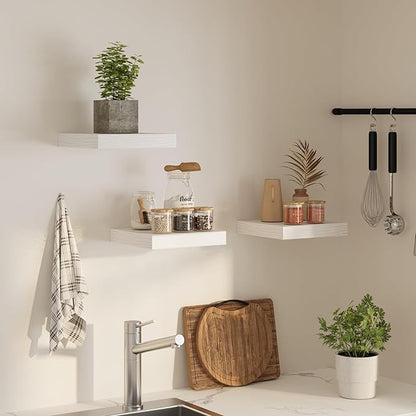 Square Floating Shelves for Wall, 12" W x 12" D x 1.4" H, Small Wooden Wall Mounted Display Shelves with Invisible Brackets for Living Room, Bedroom, Bathroom, Kitchen Decor, Set of 3, White