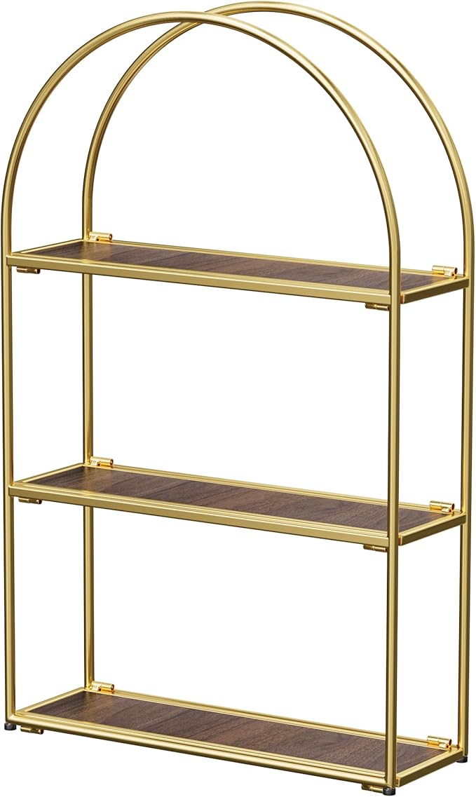 Crofy Gold Arched Frame Wall Shelf, Decorative 3 Tier Bathroom Wall Shelf with Walnut Finish Shelves and Robust Storage Capacity, 6