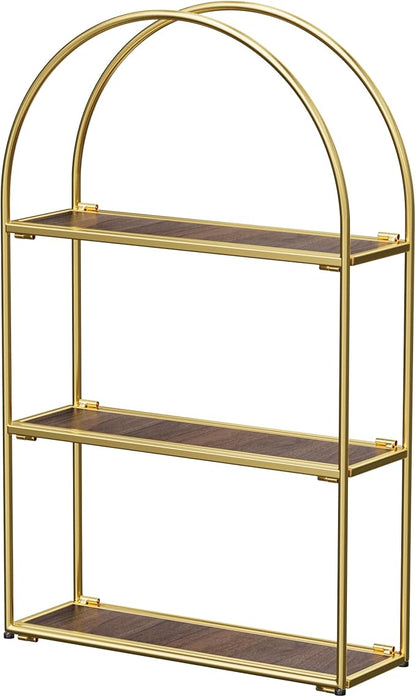 Crofy Gold Arched Frame Wall Shelf, Decorative 3 Tier Bathroom Wall Shelf with Walnut Finish Shelves and Robust Storage Capacity, 6" D x 17.9" W x 28.57" H