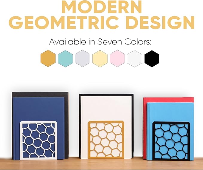 GEOMOD Geometric Honeycomb Gold Metal Bookends Decorative - Tall Sturdy Book Ends for Shelves - Modern Heavy Duty Bookend Stopper - Office or Home Book Shelf Book Holder - 6x3.25x6.25 Inches - 1 Pair