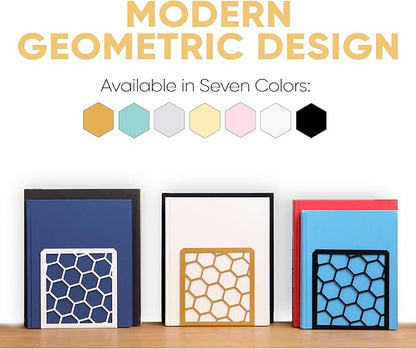 GEOMOD Geometric Honeycomb Gold Metal Bookends Decorative - Tall Sturdy Book Ends for Shelves - Modern Heavy Duty Bookend Stopper - Office or Home Book Shelf Book Holder - 6x3.25x6.25 Inches - 1 Pair