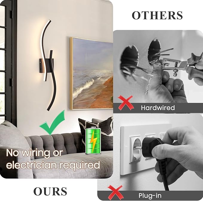 CANEOE Battery Operated Wall Sconces with Remote Control,10000mAh USB Rechargeable Black Wall Light,3000K-6000K LED Wireless Wall Lamp for Bedroom,Hallway,Background Wall,31.5inch,1 Pack