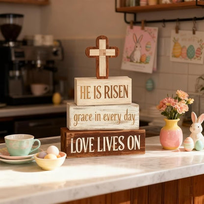 Easter Decorations - He Is Risen Cross Tiered Tray Decor - Religious Easter Wooden Tabletop Sign - Faith Farmhouse Easter Home Decor for Shelf Mantel Indoor - Spring Home Decor for Living Room, Kitchen Counter